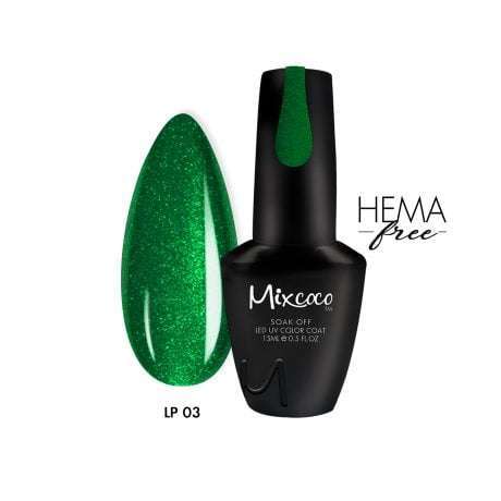 LP-03 Ημιμόνιμο Βερνίκι Mixcoco 15ml (Ανοιχτό Πράσινο-Glitter)